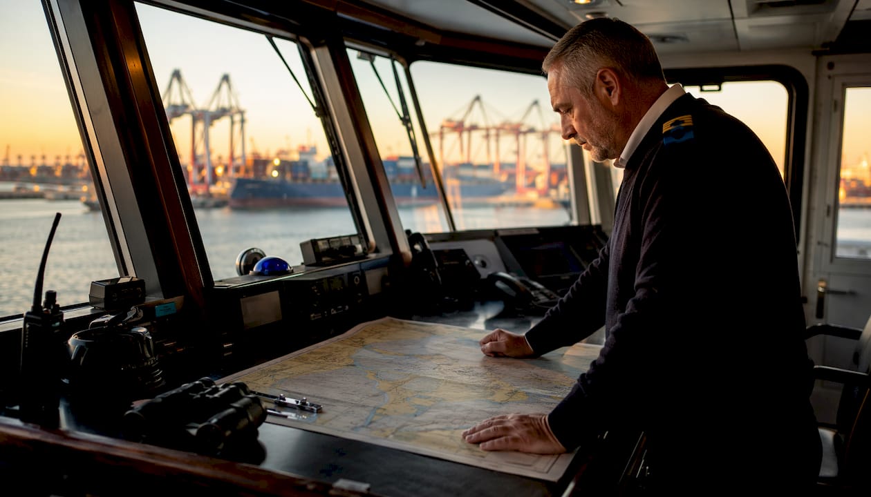 Harbor pilot navigating vessel in port control room