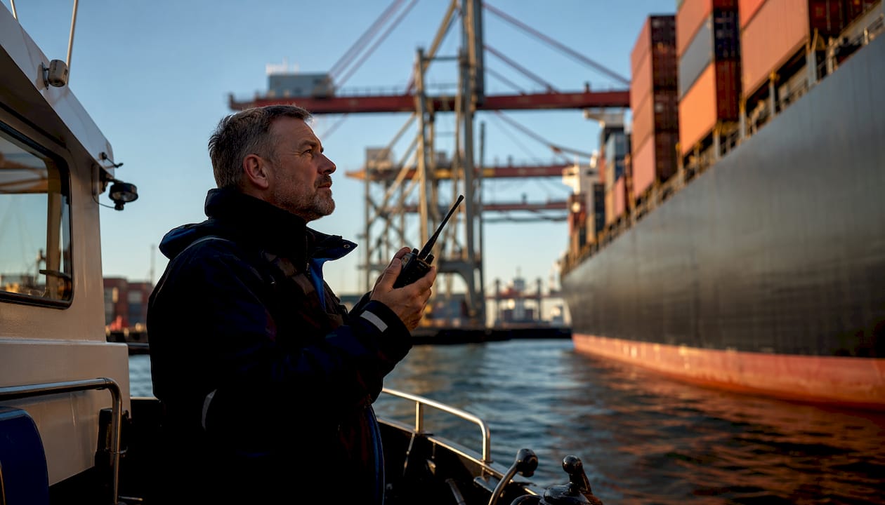 Harbor pilot guiding large container ship into port