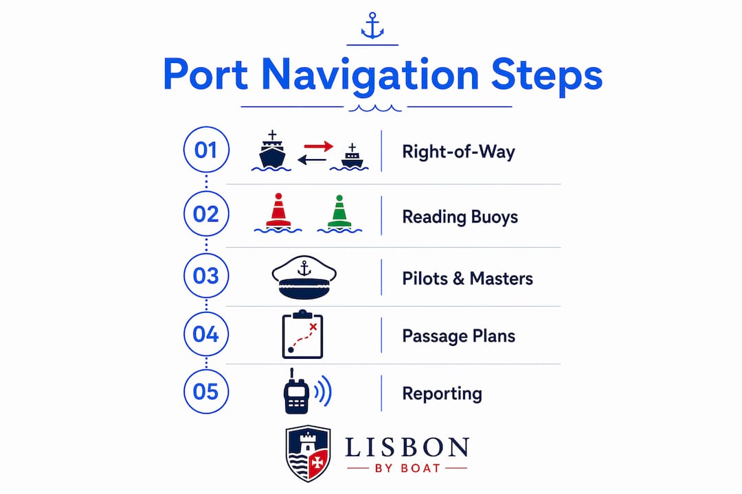Infographic illustrating steps of port navigation