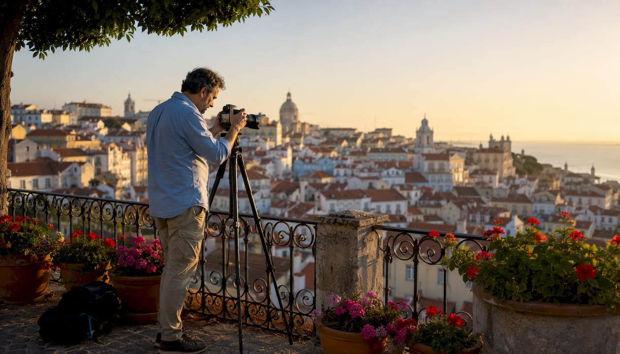 Photographer preparing camera on Lisbon street