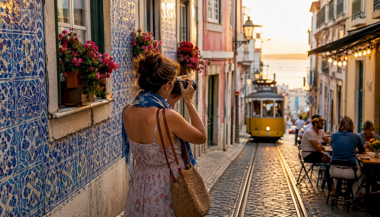 Woman photographing Lisbon tiled buildings outdoors
