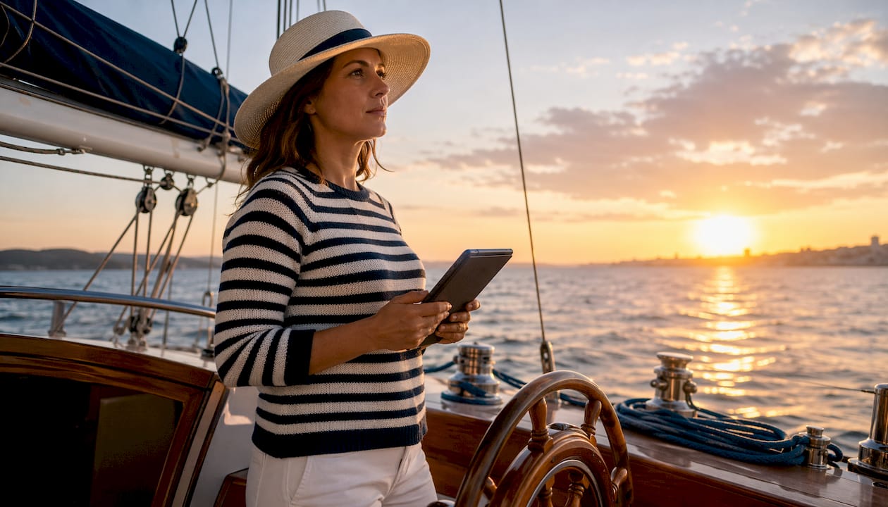 Event planner navigating sailing yacht, controlling itinerary