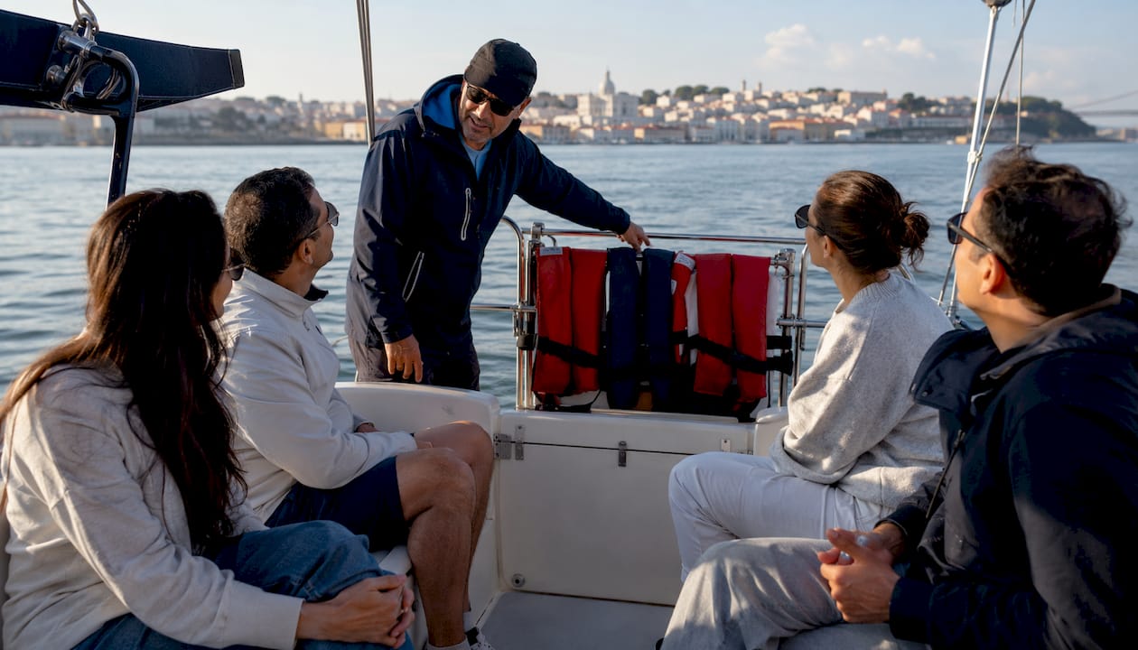 Skipper giving safety briefing to sailing tourists