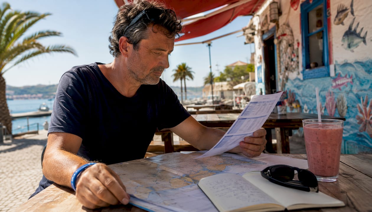 Traveler reviewing sailing timetable indoors