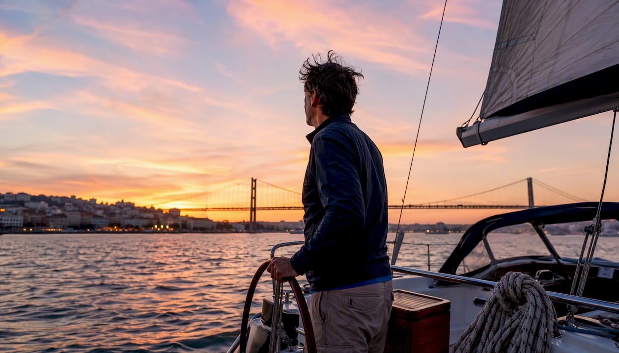 Man enjoying Lisbon sailing tour on Tagus river