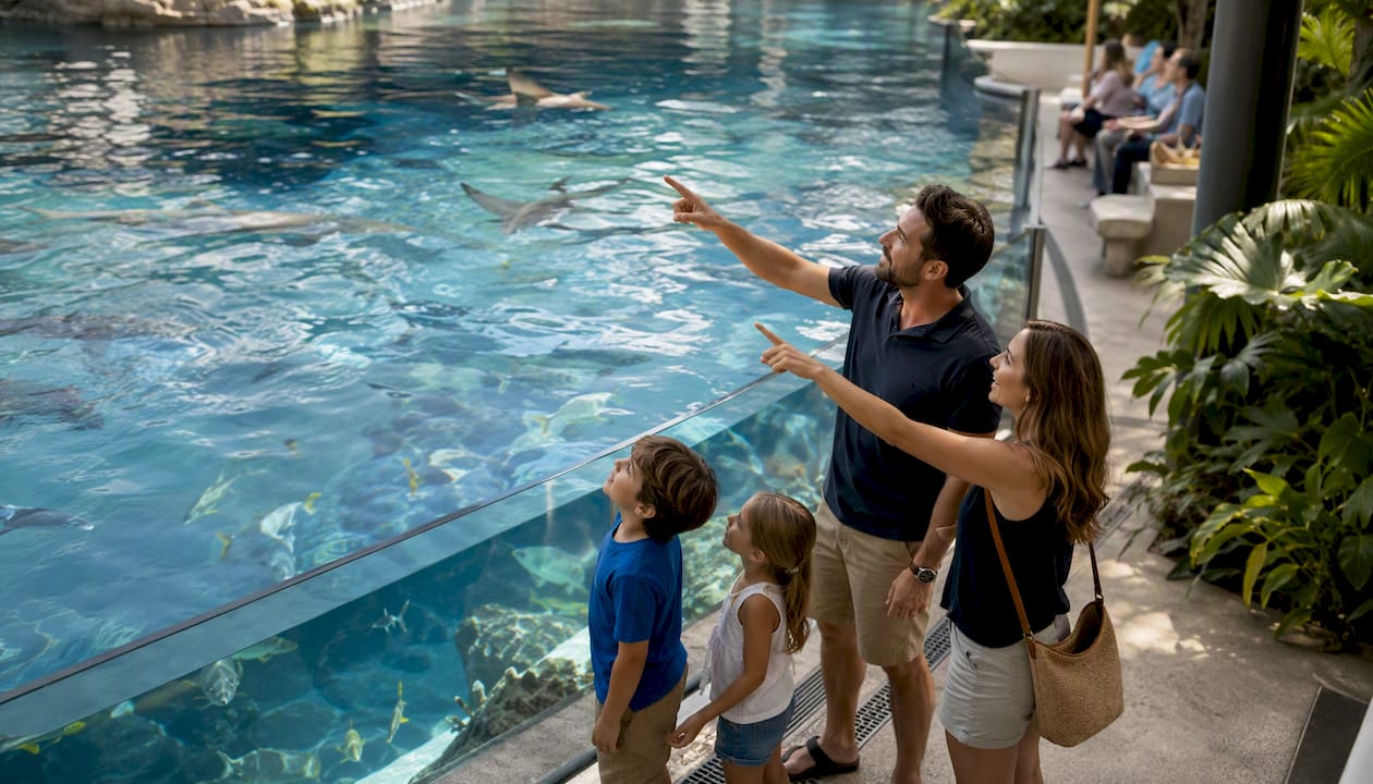 Family observing marine life at Lisbon Oceanário