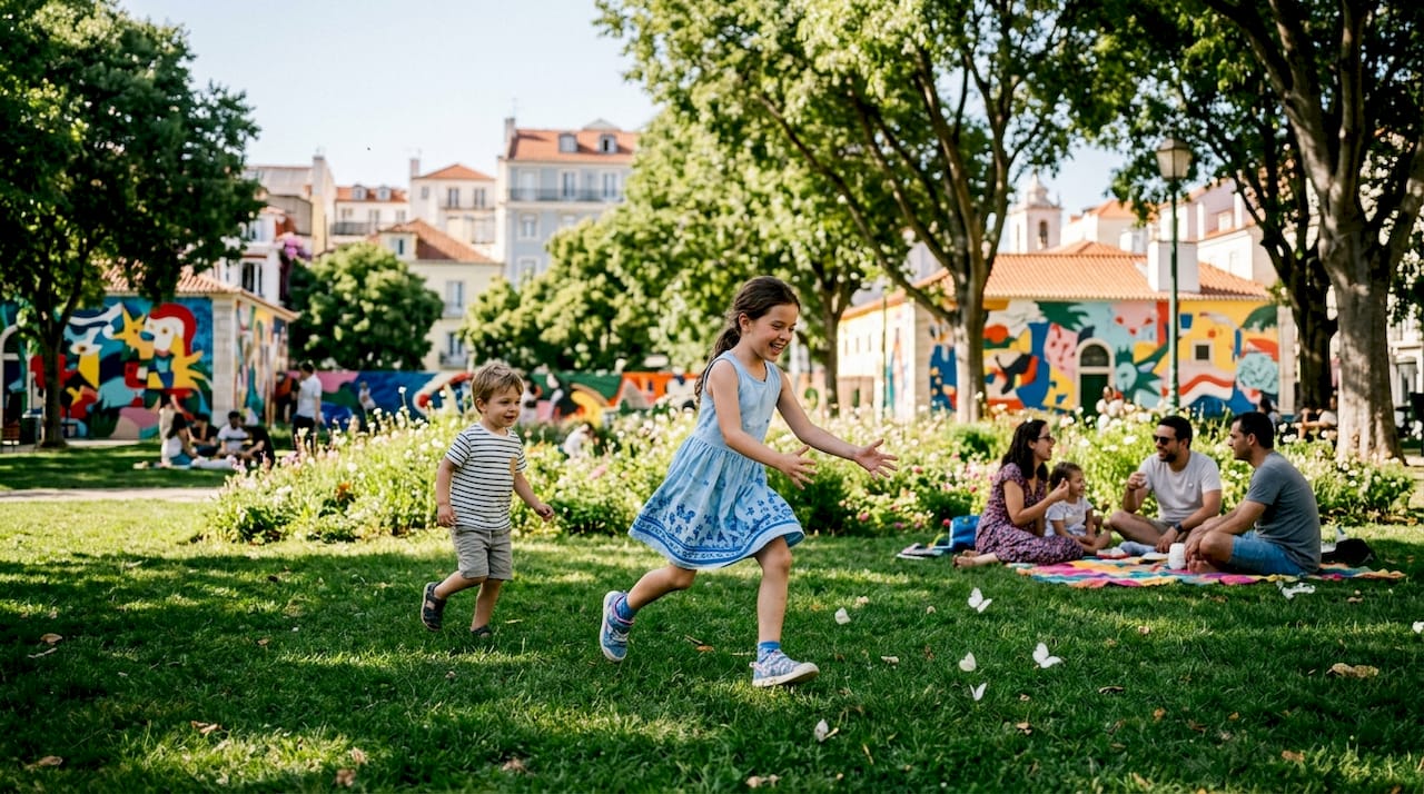 Children playing in Lisbon city square