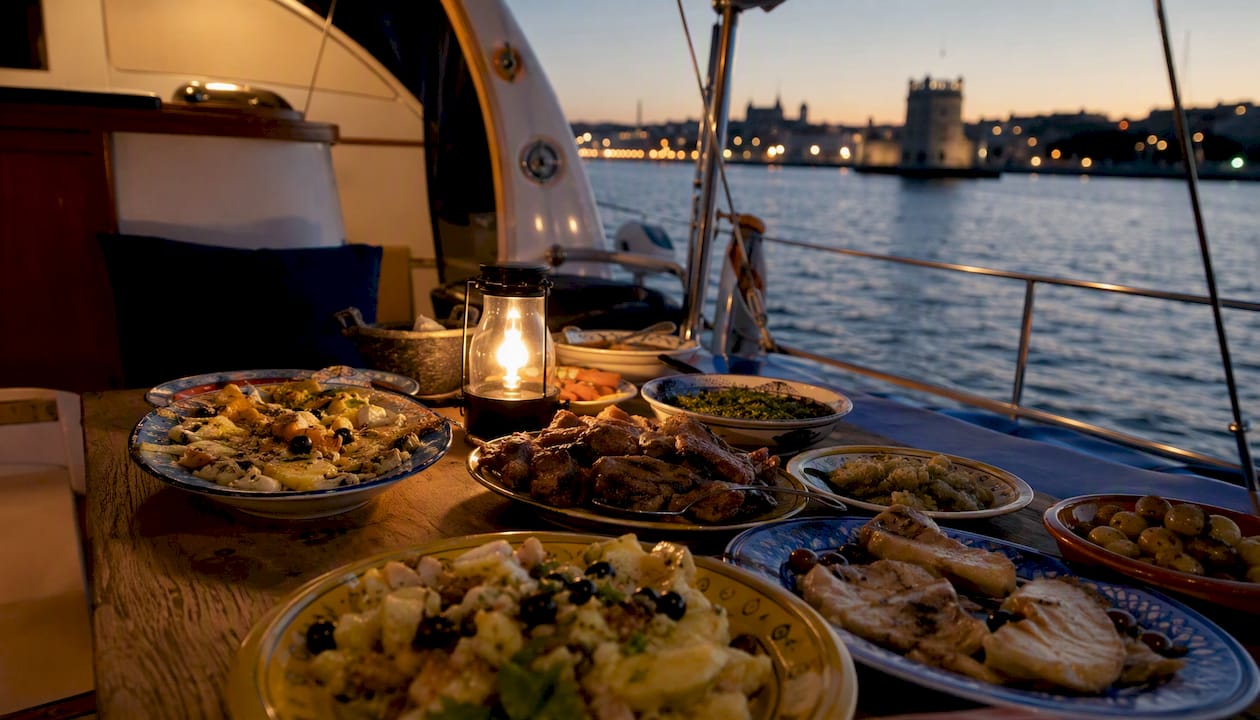 Sharing-style Portuguese Christmas dinner dishes on yacht table