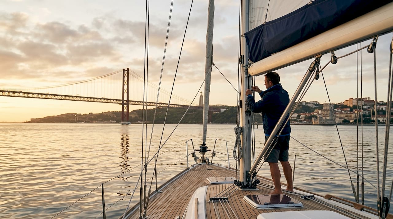 Private yacht sailing at sunset on Tagus River