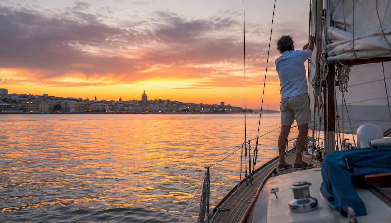 Sailboat sailing on the Tagus River near Lisbon