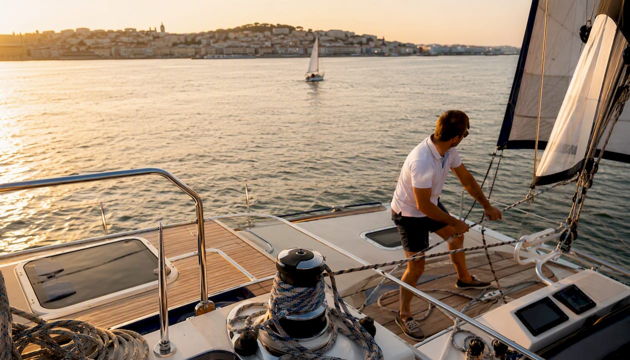 Luxury catamaran deck detail with crew adjusting sails