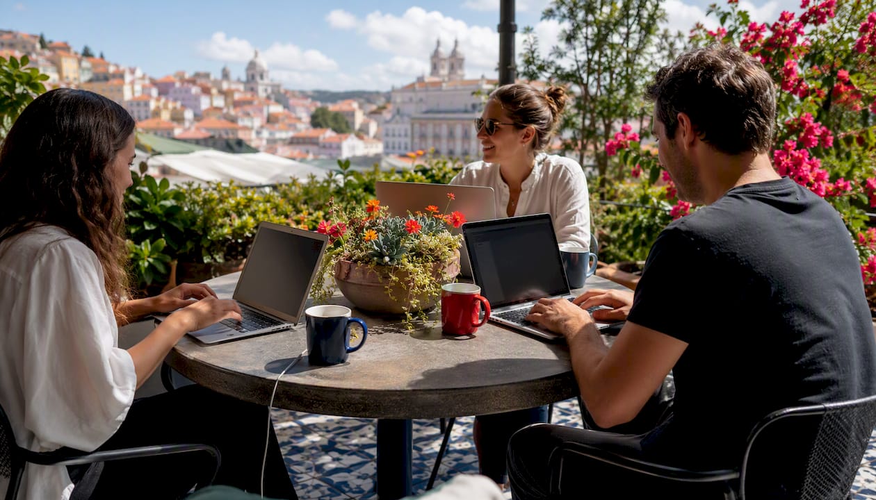 Outdoor coworking terrace with sunlight and plants