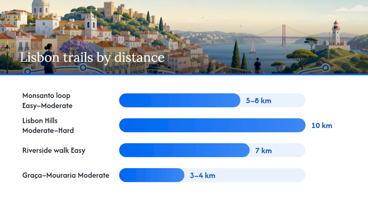 Diagram comparing Lisbon walking trails by distance and difficulty