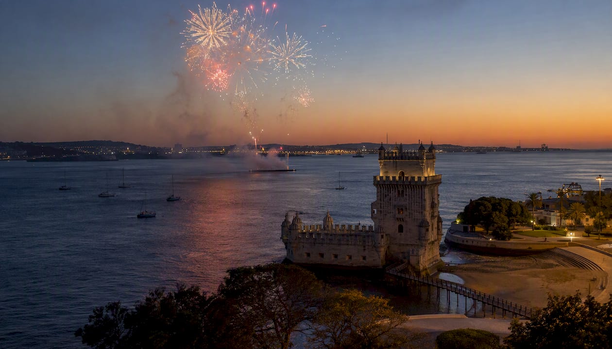 Fireworks over Torre de Belém on New Year's Eve