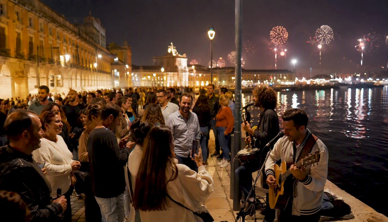 Crowded Praça do Comércio with New Year's fireworks