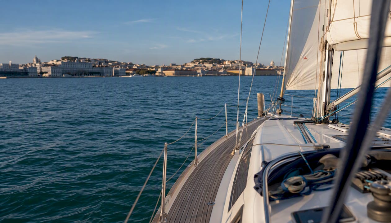 Sailing yacht on calm Tagus River at sunrise