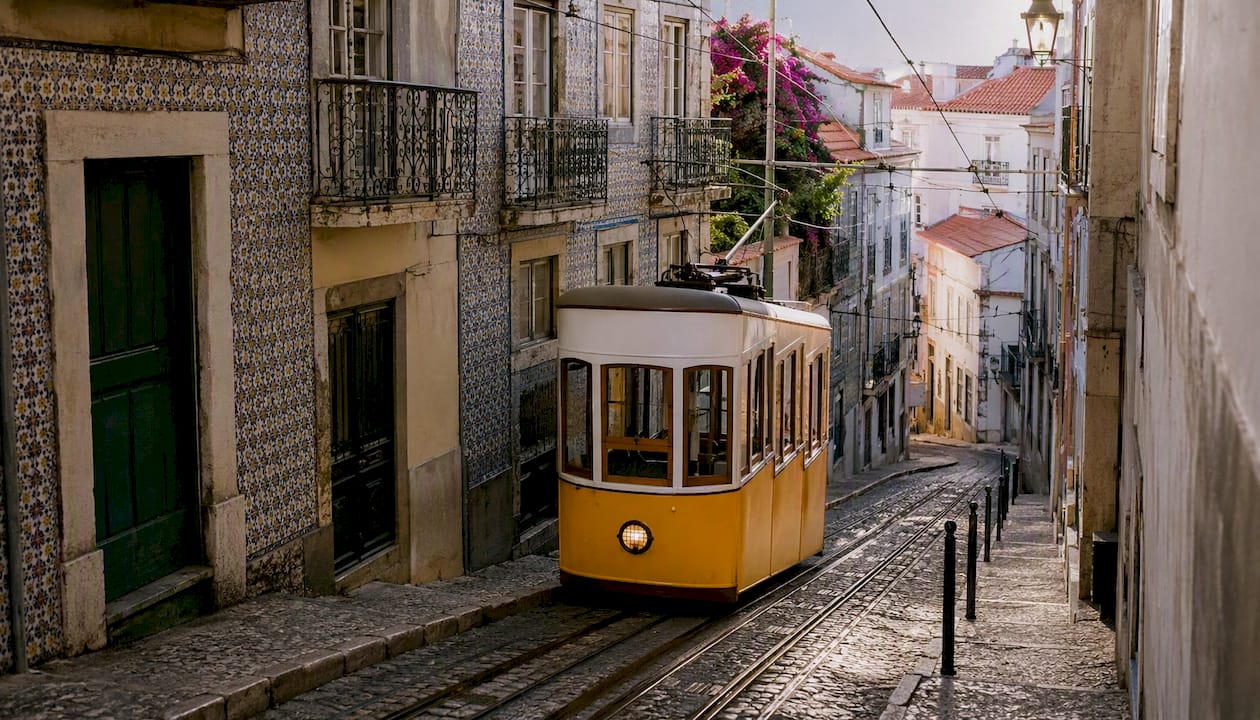 Vintage Lisbon Tram 28 on city street