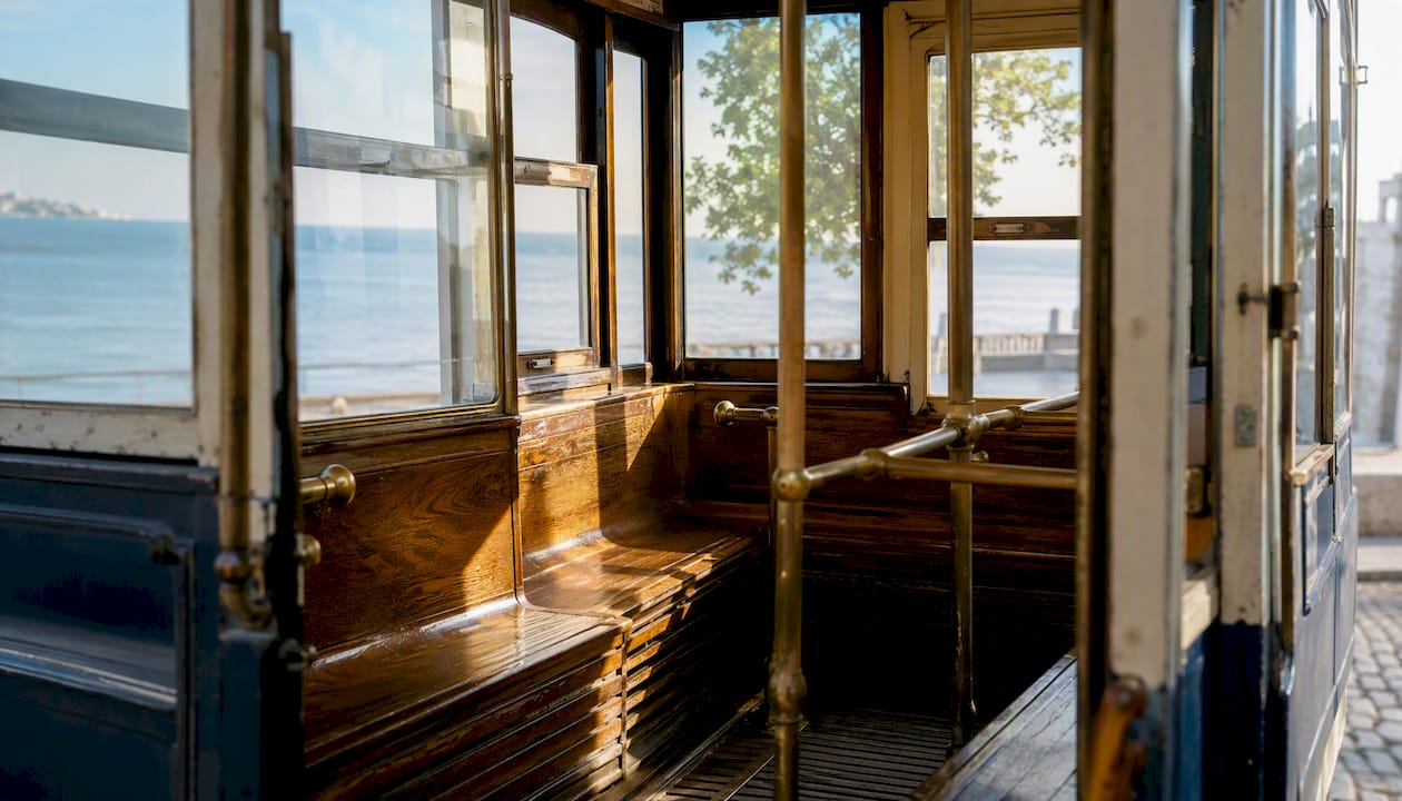 Historic tram interior with wooden seats