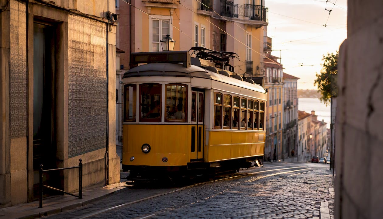 Tram 28 on cobblestone street in Alfama
