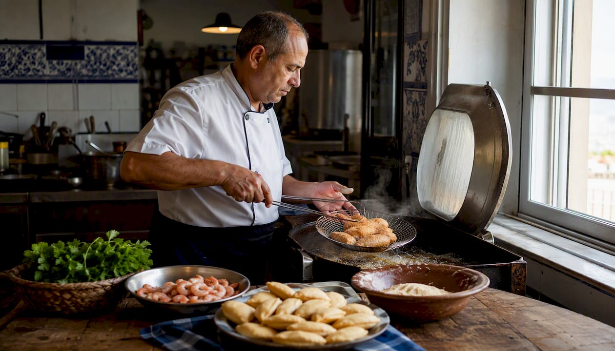 Chef shaping rissóis dough by hand