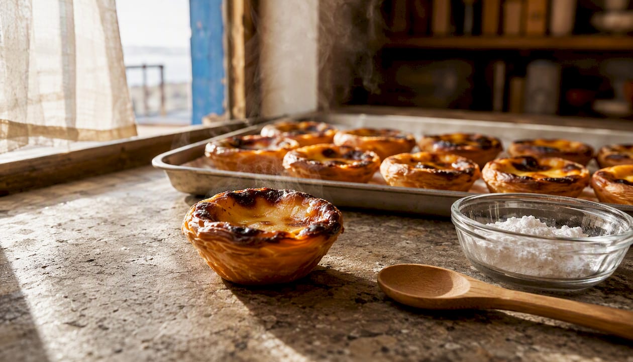Freshly baked pastéis de nata on rack