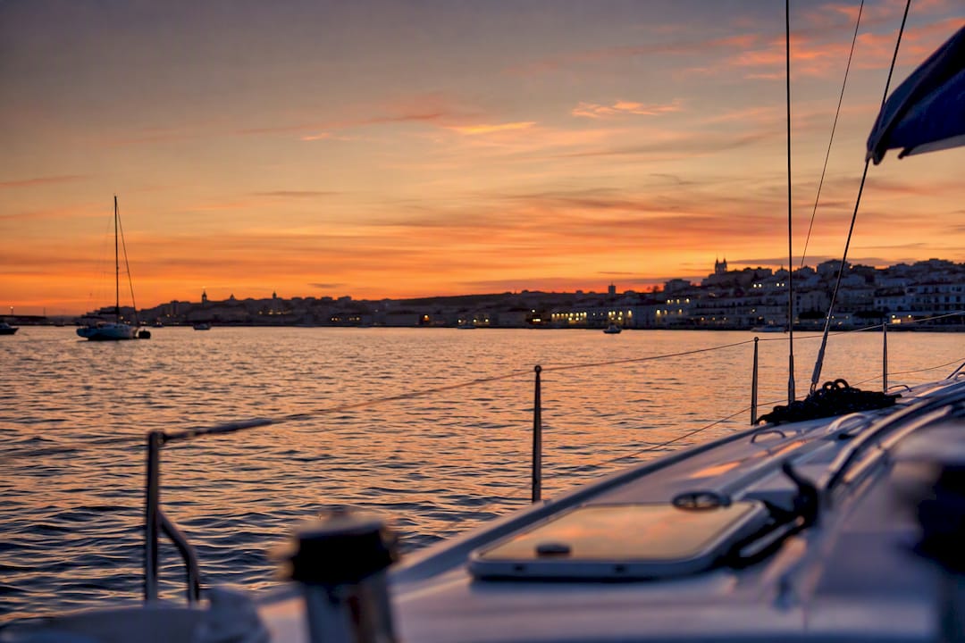 Passenger view on sailing yacht at sunset