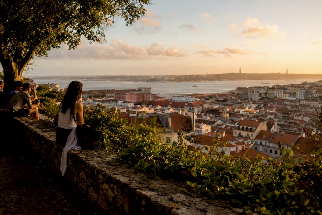 Hilltop view with azulejo tiles over Lisbon city