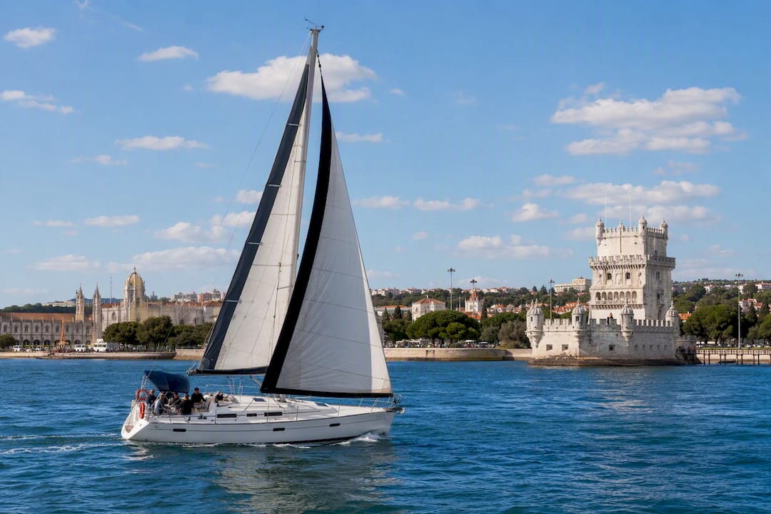 Sailing yacht cruising on Tagus River past Lisbon historic sites