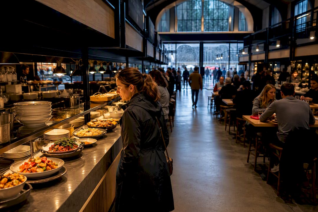 Covered Lisbon food market on a rainy day