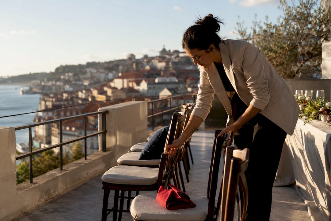 Lisbon waterfront terrace prepared for an event