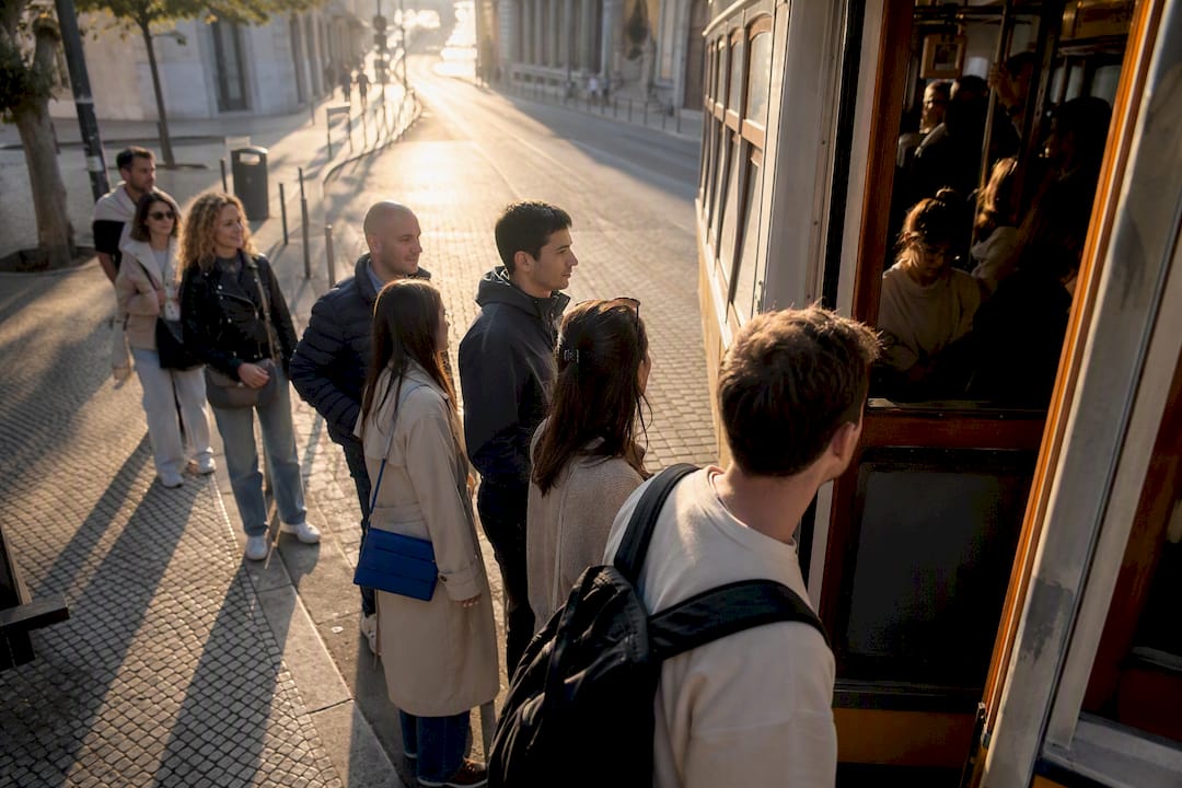 Visitors waiting beside a crowded Lisbon tram