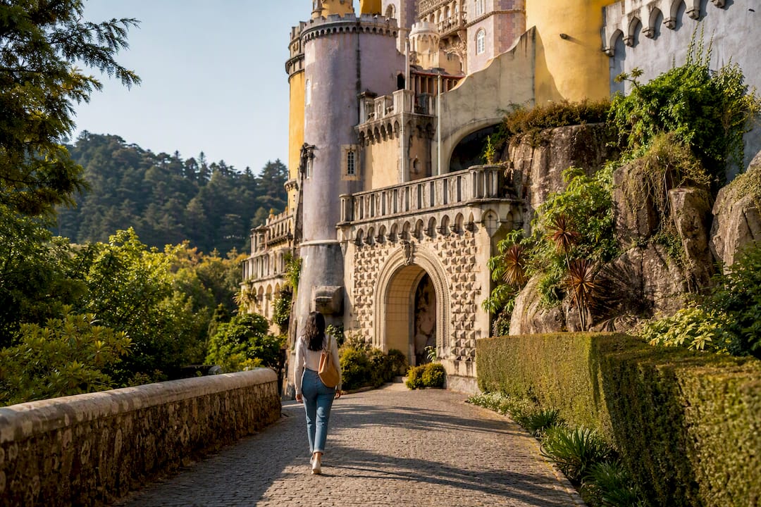 Visitor approaching Pena Palace entrance