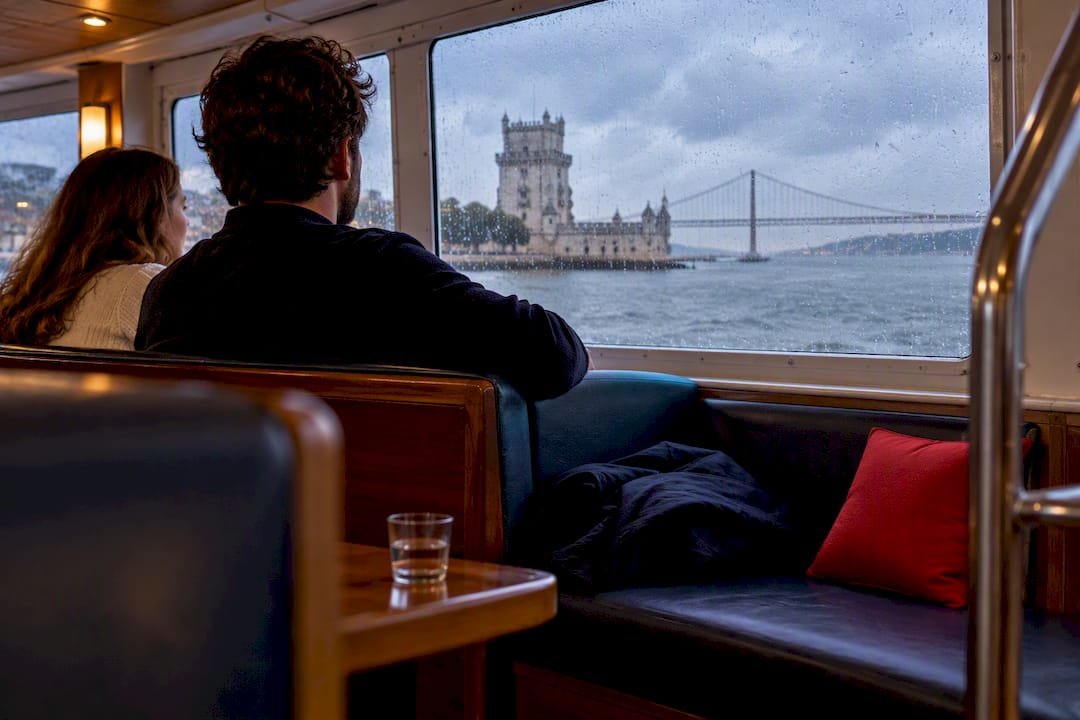 Passengers viewing Lisbon from sheltered boat cabin
