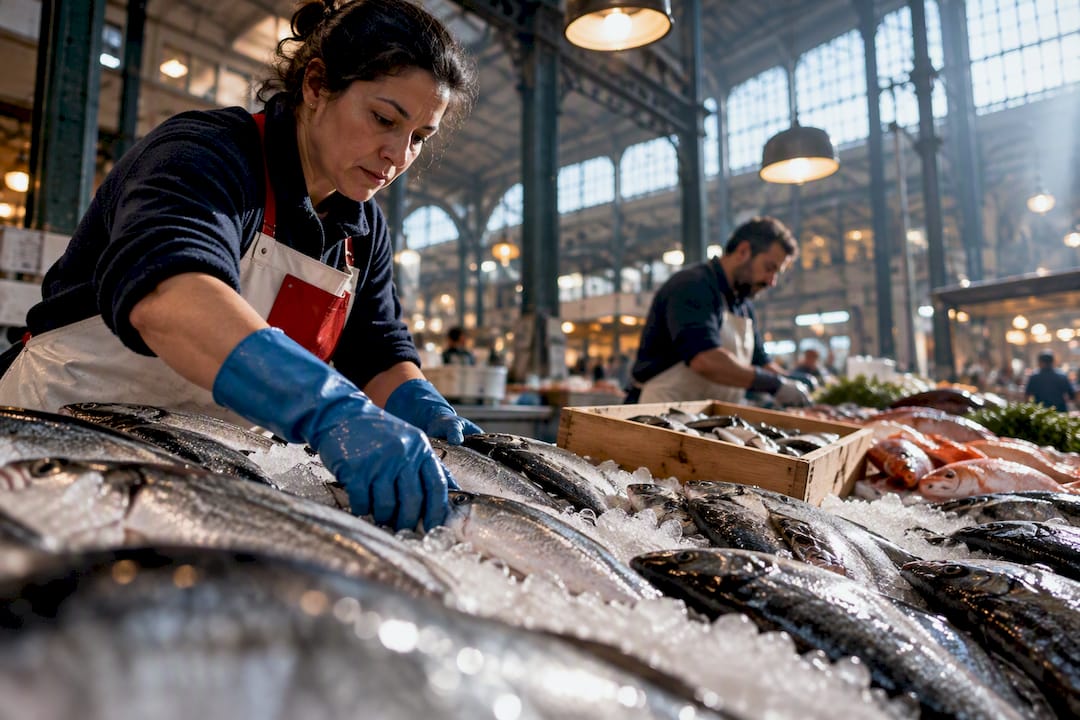 Fishmongers preparing fresh catch at dawn