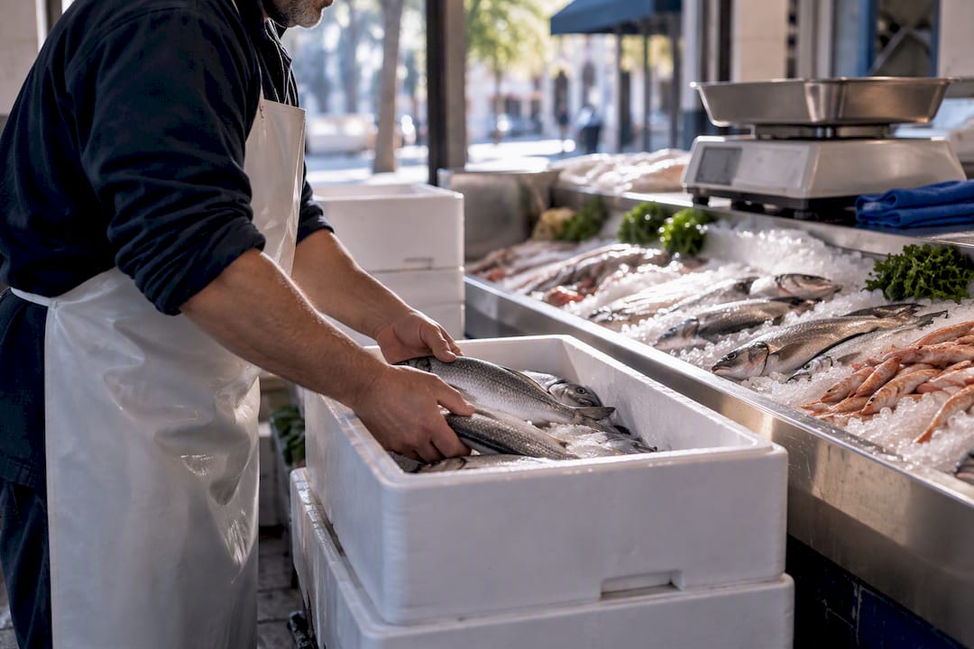 Fishmonger packing fresh fish for delivery
