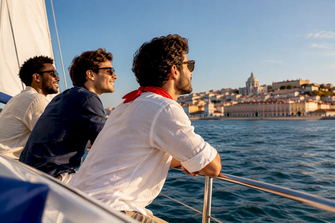 Travelers watching Lisbon from a Tagus sailboat