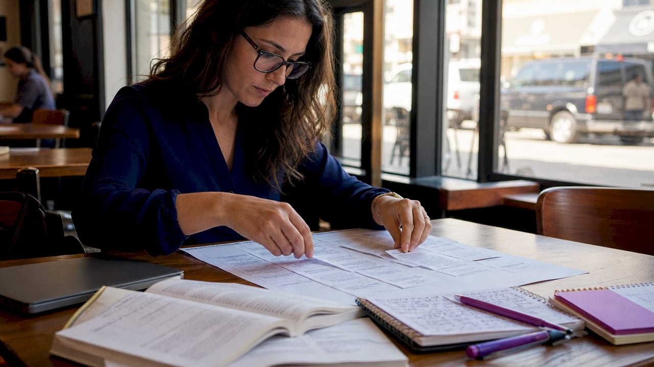 Researcher organizing literature review data table papers