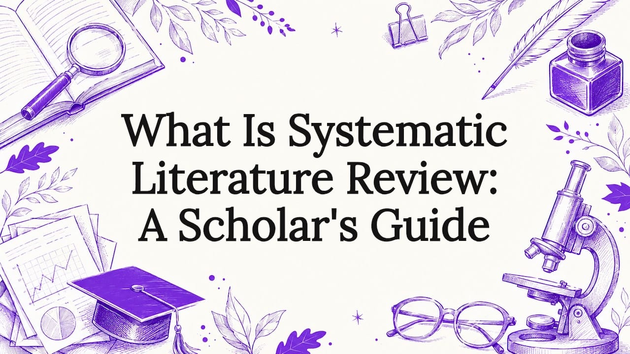 Decorative title card illustration with scholarly research tools