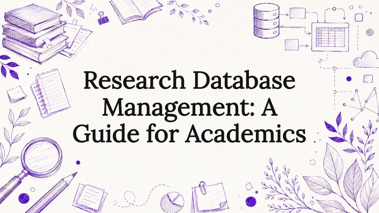 Decorative hand-drawn title card illustration for research database management