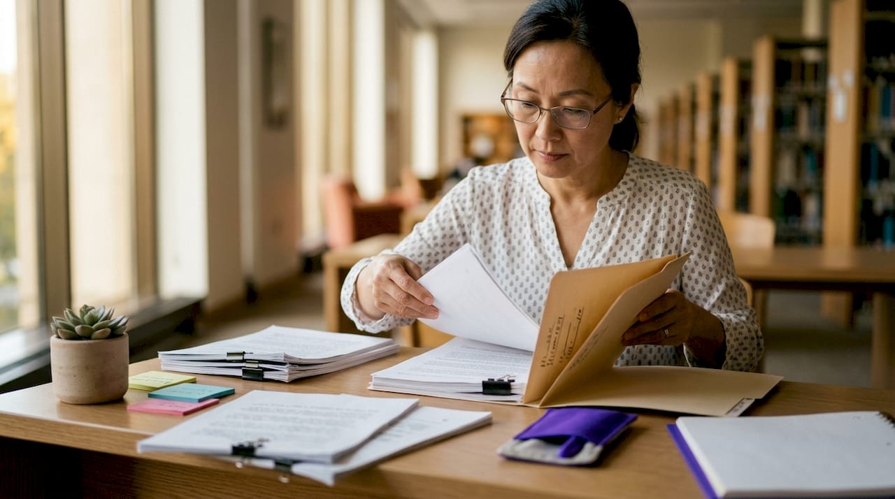 Academic organizing research papers at desk