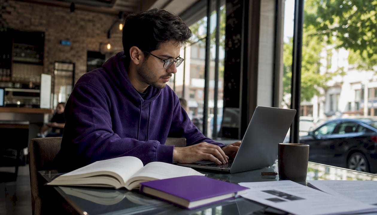 Researcher typing on laptop at desk with papers