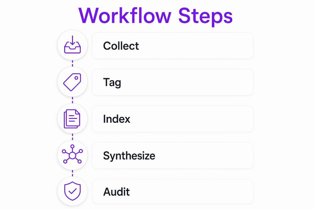 Infographic showing research organization workflow steps