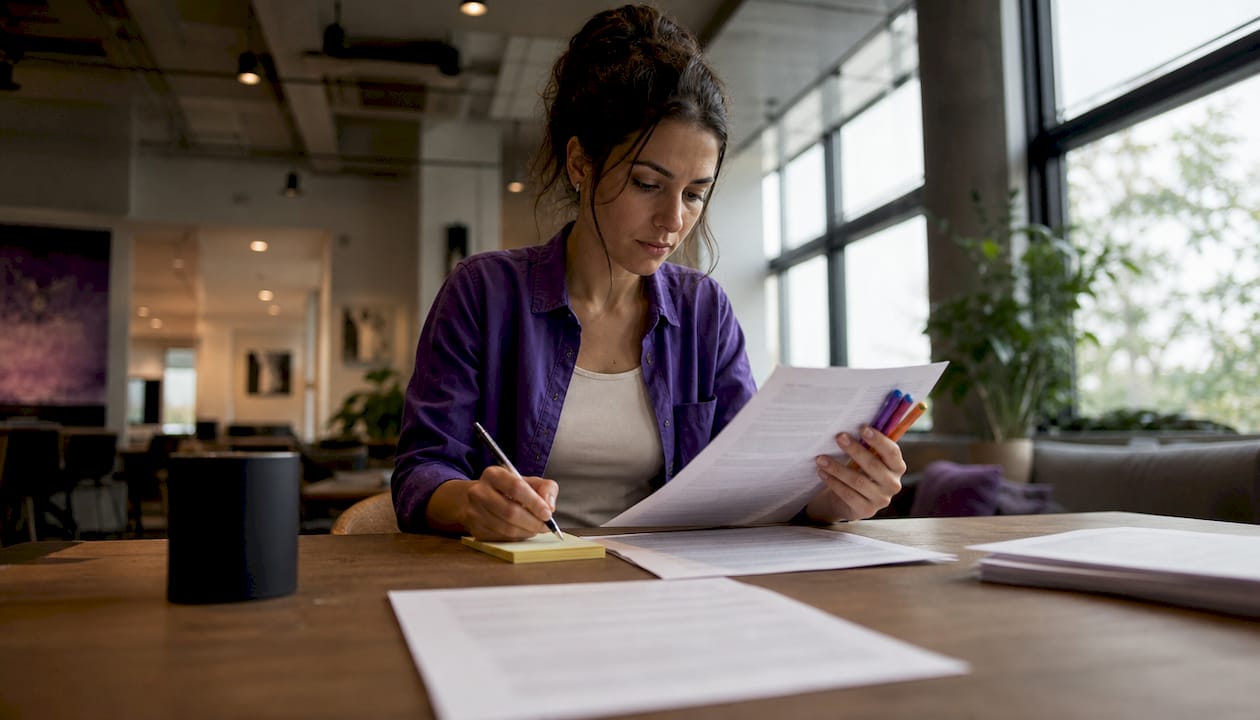 Researcher reviewing protocol documents at desk