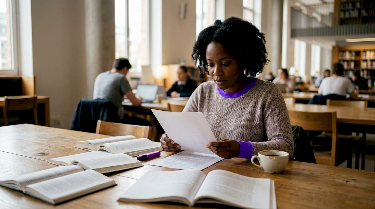 Researcher reviewing printed papers at desk