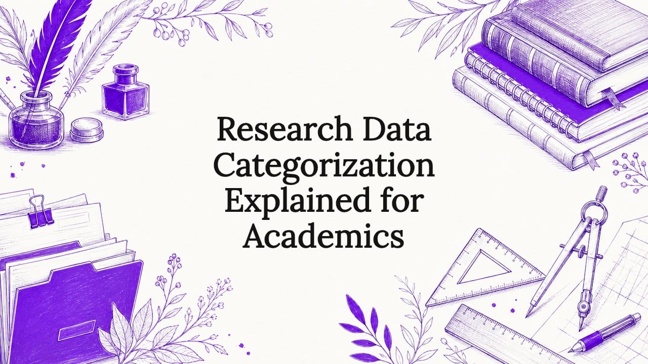 Decorative title card illustration with research tools