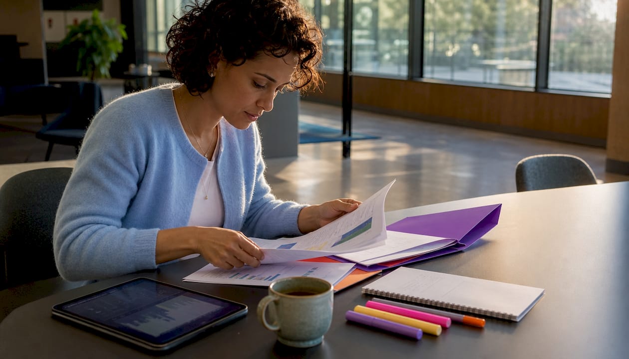 Researcher reviewing classified research files