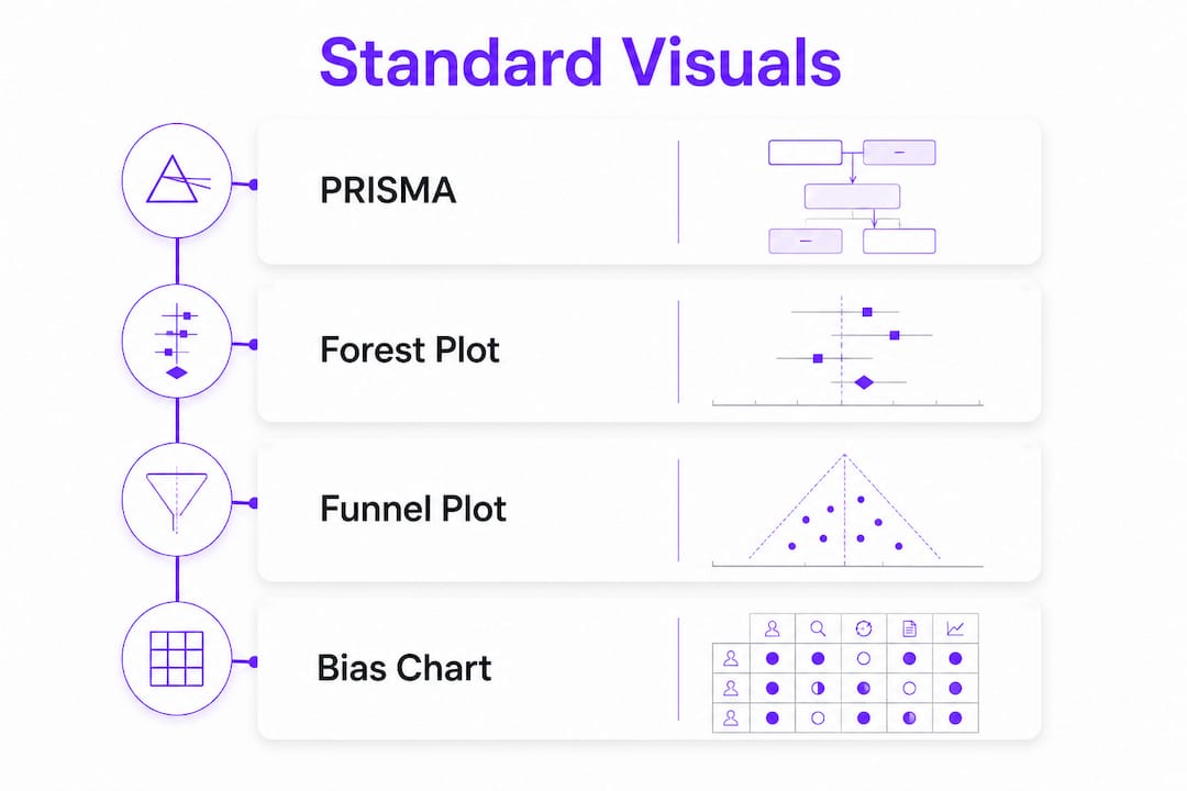 Infographic showing standard visuals for systematic reviews