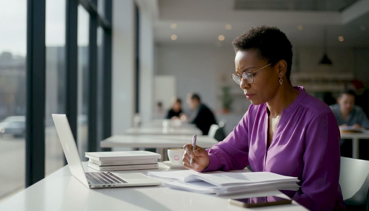 Researcher reviewing academic papers at desk
