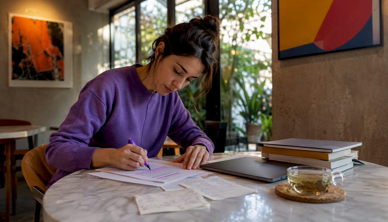 Researcher screening academic papers at desk