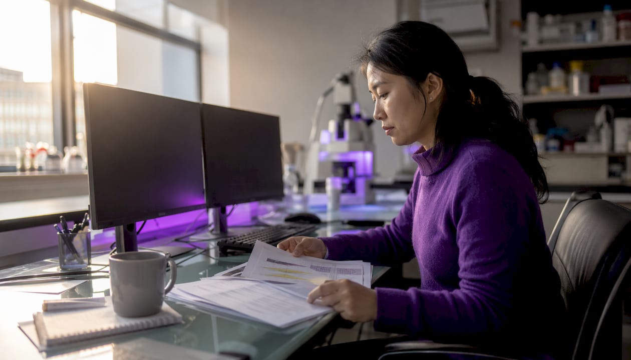 Researcher working with papers and computer in office